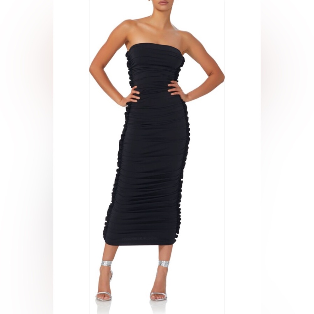 AFRM Eterna Strapless Gathered Midi Dress Black Size Medium NWOT